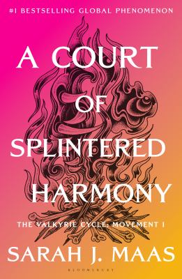 book cover for a court of splintered harmony by sarah j. maas, featuring an illustration of a burning campfire over a pink and orange gradient background.