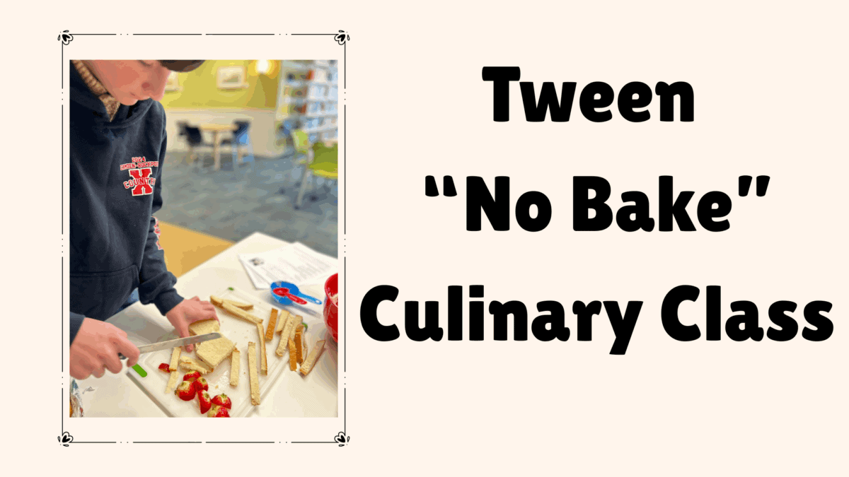 a tween cuts bread and prepares snacks on a table. text reads: tween no bake culinary class. the setting appears to be a classroom or library with bookshelves in the background.