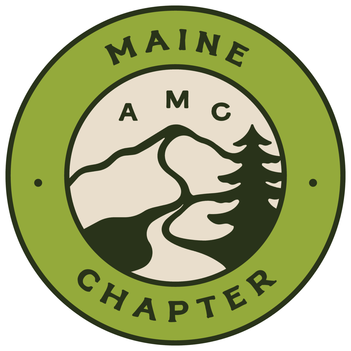 a green and beige circular logo with a mountain, tree, and river in the center. the words maine chapter and amc are written around the image.