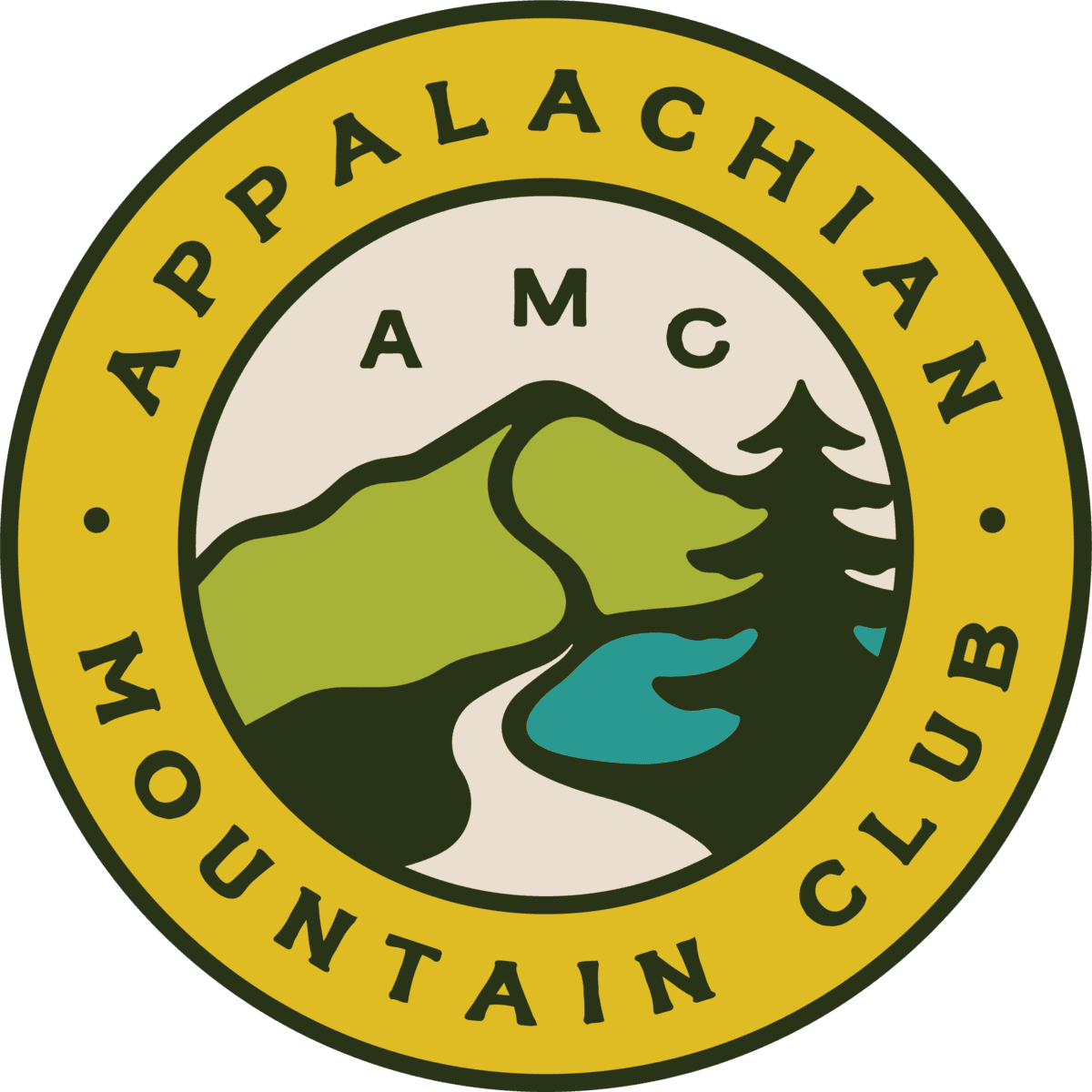 a round logo for the appalachian mountain club with a mountain, river, and tree in the center. the yellow border reads appalachian mountain club. the inner circle has amc above the landscape.