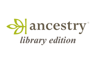Logo for Ancestry library edition featuring a green leaf design to the left of the word ancestry in brown and library edition in italic green font below.