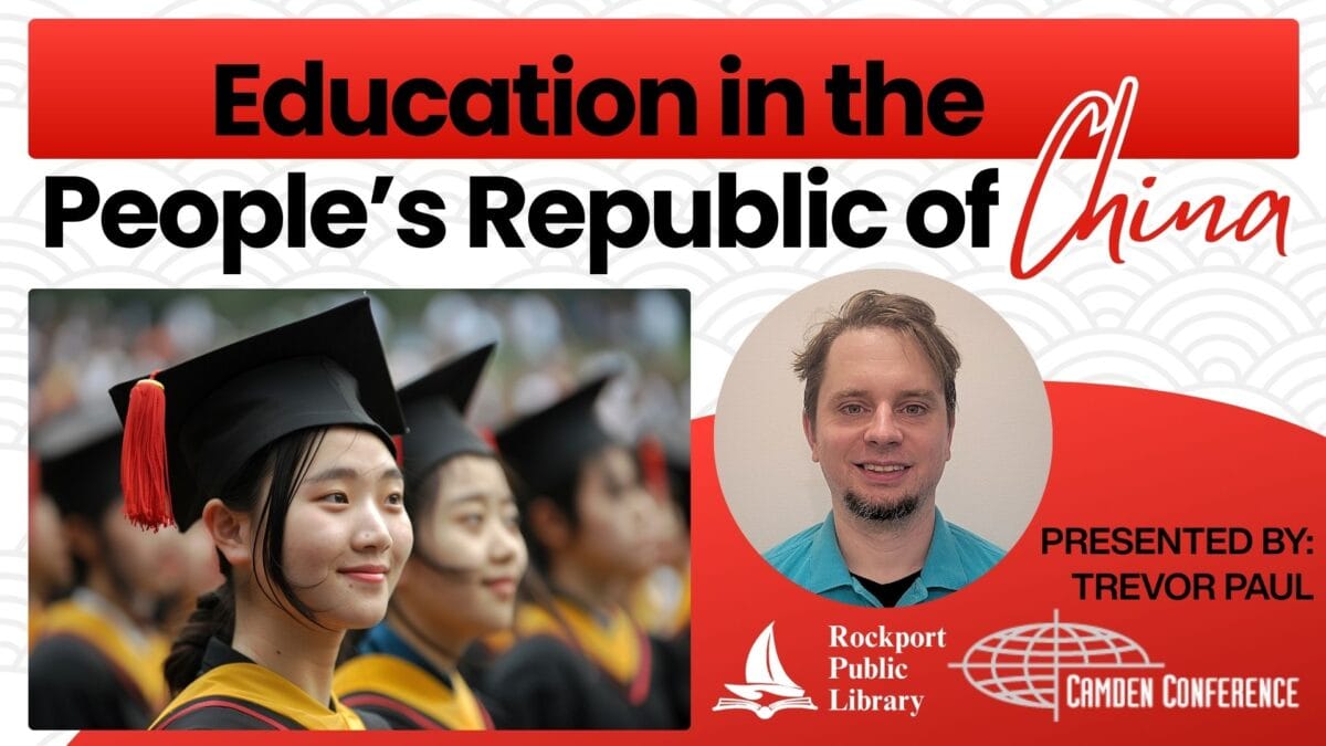 a promotional image for a talk titled education in the peoples republic of china, featuring graduates in caps and gowns, a presenters headshot, and event logos.