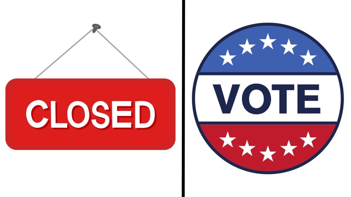 a red closed sign hangs on the left, while a round red, white, and blue badge with stars and the word vote is on the right, separated by a black vertical line.