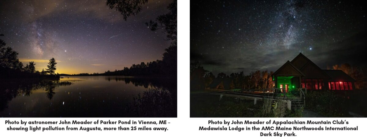 two side by side night sky photographs: a lake reflecting the milky way and light pollution on the left, and a lodge under a starry sky at the medawisla lodge dark sky park on the right.