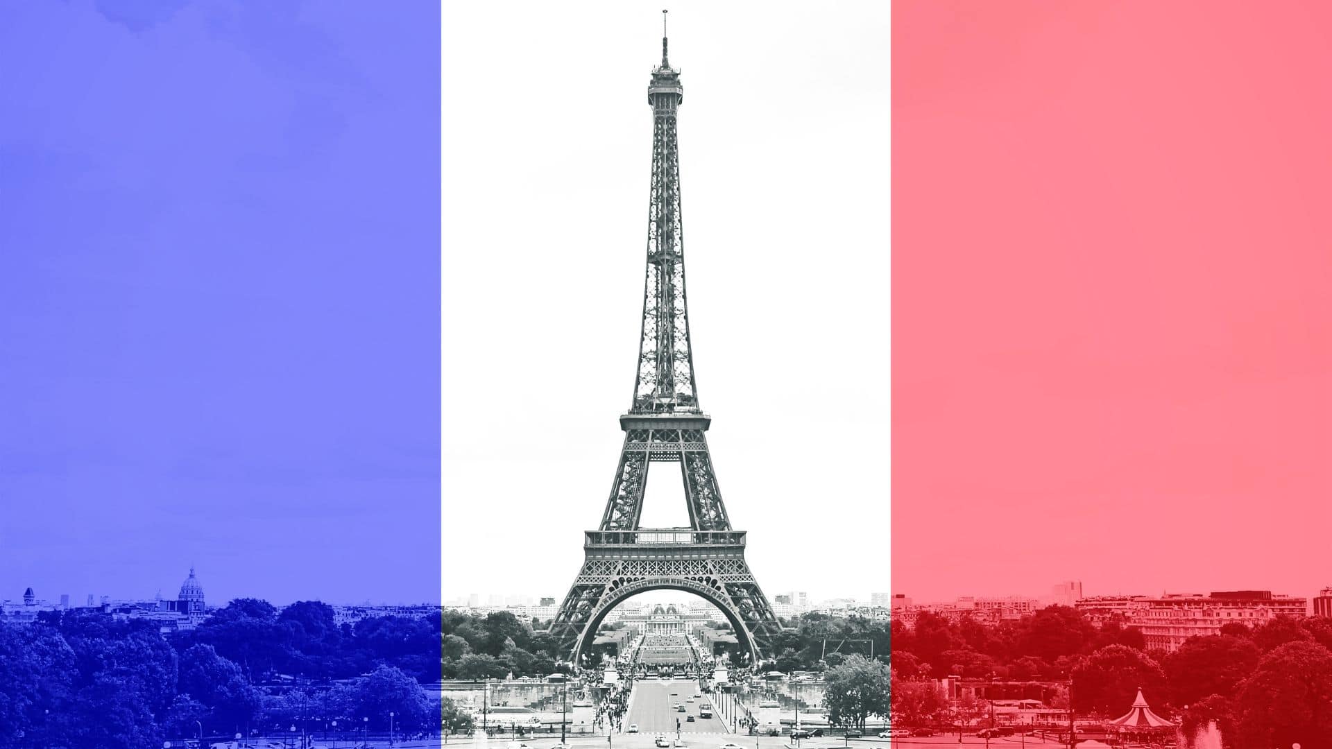 The Eiffel Tower in Paris is centered in a photo overlaid with the colors of the French flag: blue on the left, white in the middle, and red on the right.