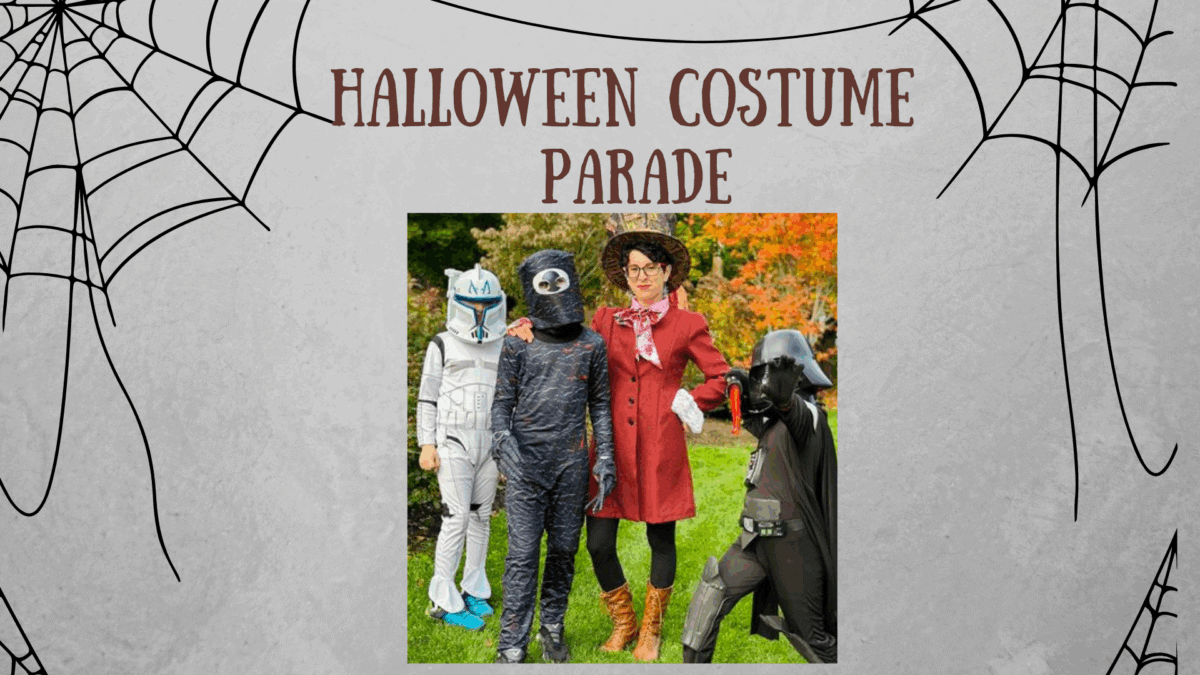 four children in halloween costumes—two in star wars outfits, one in a mummy costume with a wolf mask, and one dressed as mary poppins—stand together on grass with autumn trees behind them. halloween costume parade is written above.