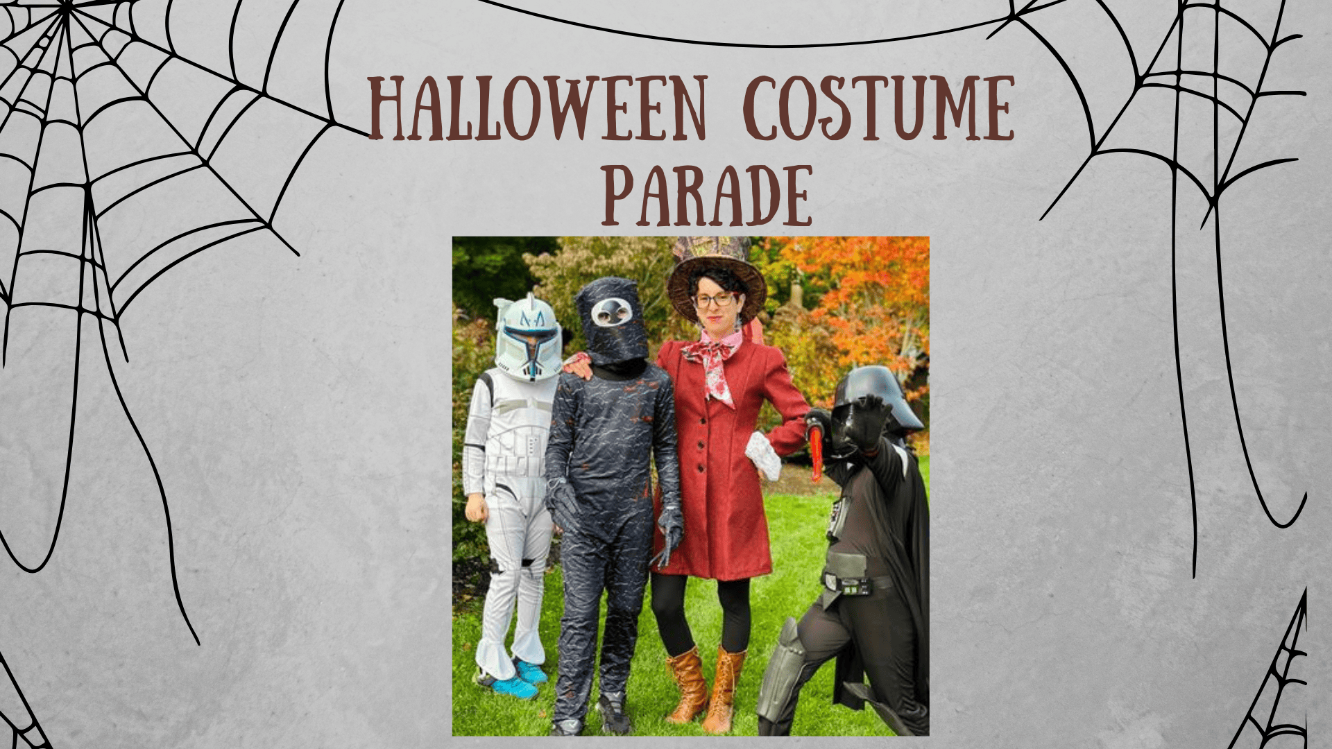 four children in halloween costumes—mandalorian, black cat, mary poppins, and darth vader—stand together on grass, smiling, with a halloween costume parade title and spider webs on a gray background. four children in halloween costumes—mandalorian, black cat, mary poppins, and darth vader—stand together on grass, smiling, with a halloween costume parade title and spider webs on a gray background.