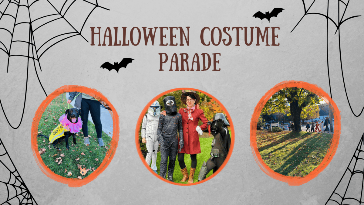 three images show people and pets in costumes at a halloween parade. spider webs and bats decorate the border, with large text reading halloween costume parade. bright autumn trees are in the background.