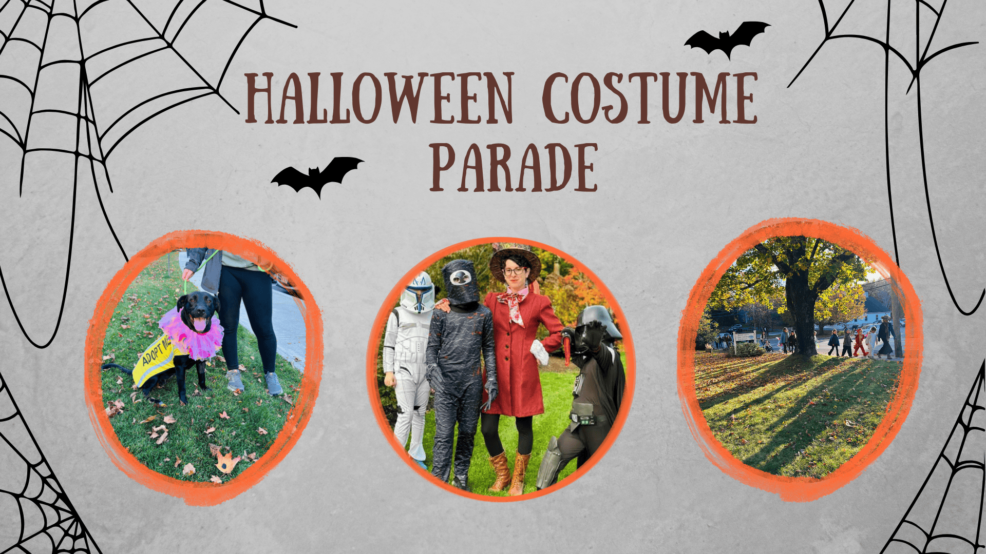 three images show people and pets in costumes at a halloween parade. spider webs and bats decorate the border, with large text reading halloween costume parade. bright autumn trees are in the background.