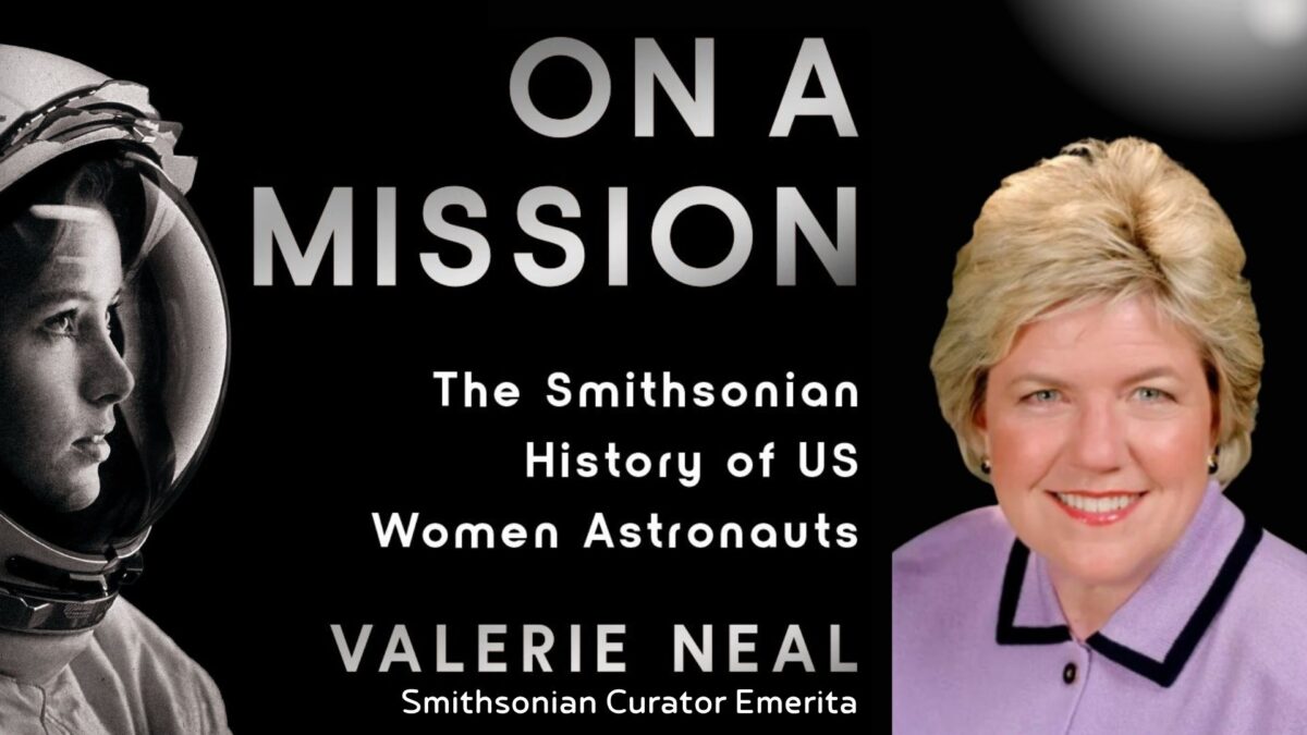 book cover titled on a mission: the smithsonian history of us women astronauts by valerie neal. it features a woman astronaut in a helmet on the left and a woman with short blonde hair in a purple jacket on the right.