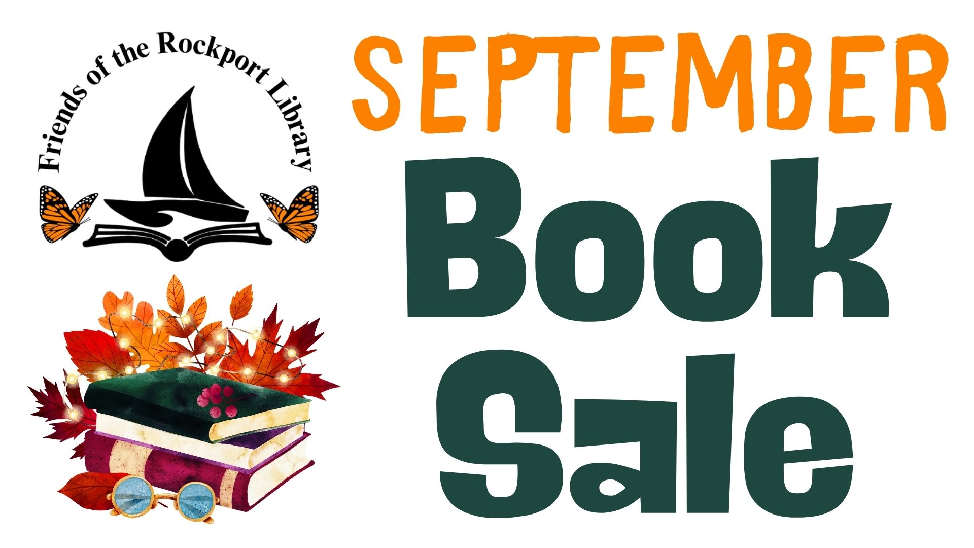 Flyer with Friends of the Rockport Library logo, stacks of books with autumn leaves, and large text reading September Book Sale.