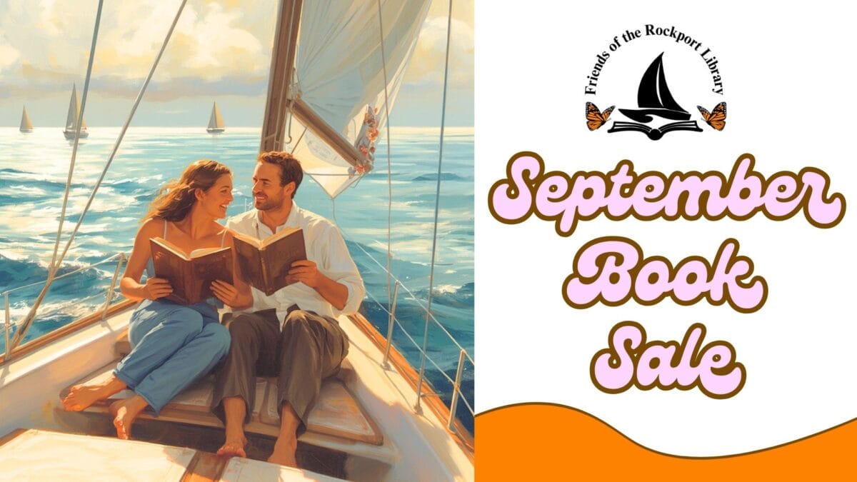 a smiling couple reads a book together on a sailboat. next to them, text reads september book sale with the friends of the rockport library logo above.