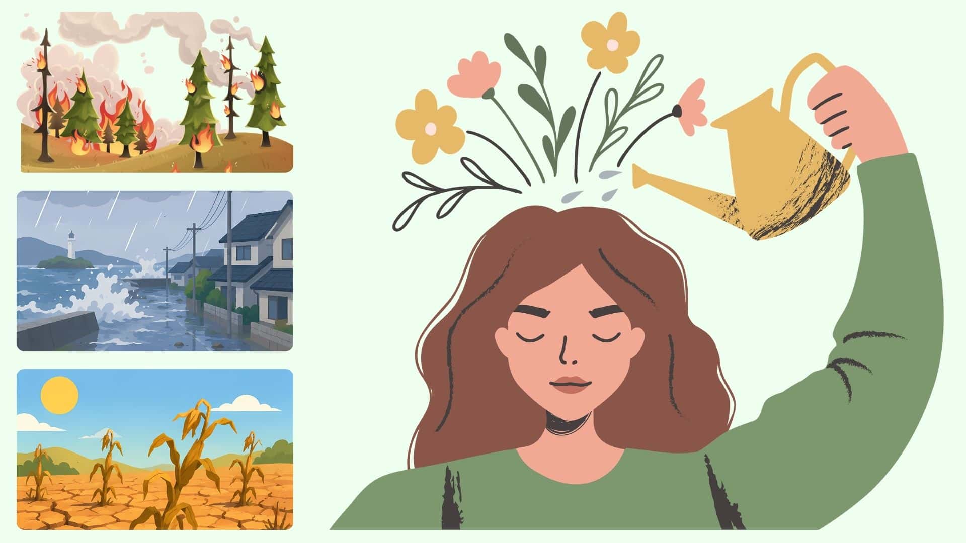 a woman with flowers growing from her head waters them with a can, contrasted with three side panels showing images of a forest fire, a stormy flood, and a drought.