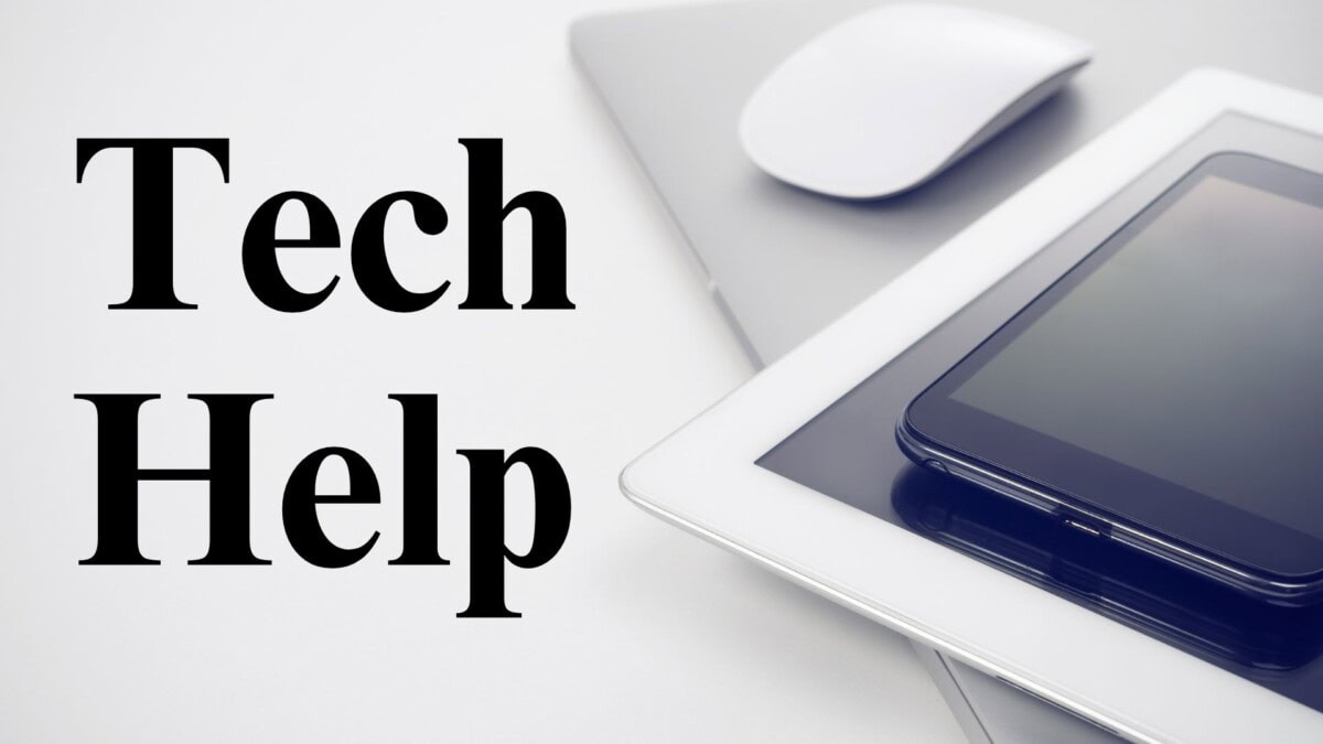 the words tech help appear next to a stack of electronic devices, including a tablet, smartphone, laptop, and a wireless computer mouse.