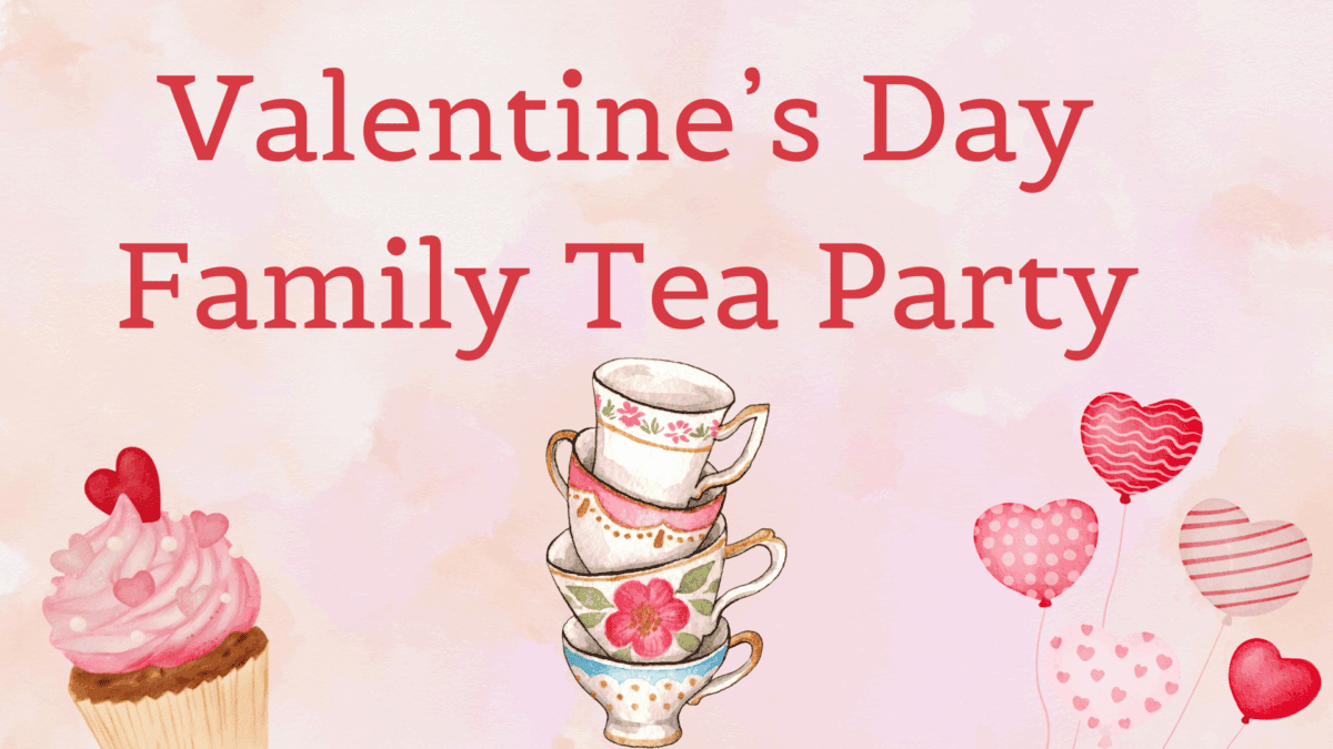 a valentine’s day family tea party invitation with stacked floral teacups, a cupcake with a heart, and heart shaped balloons on a soft pink watercolor background.