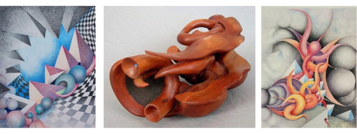 a triptych features two colorful abstract geometric paintings with curved and angular shapes on the left and right, and a smooth, intertwined wooden sculpture with organic forms in the center.