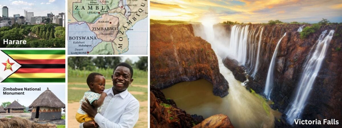 a collage featuring harare’s skyline, a map highlighting zimbabwe, victoria falls, the zimbabwean flag, a thatched hut labeled zimbabwe national monument, and a smiling man holding a child.